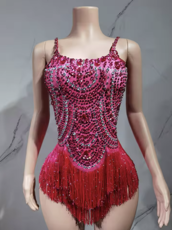 Deep Pink Sparkle Fringe Latin Dance Dress