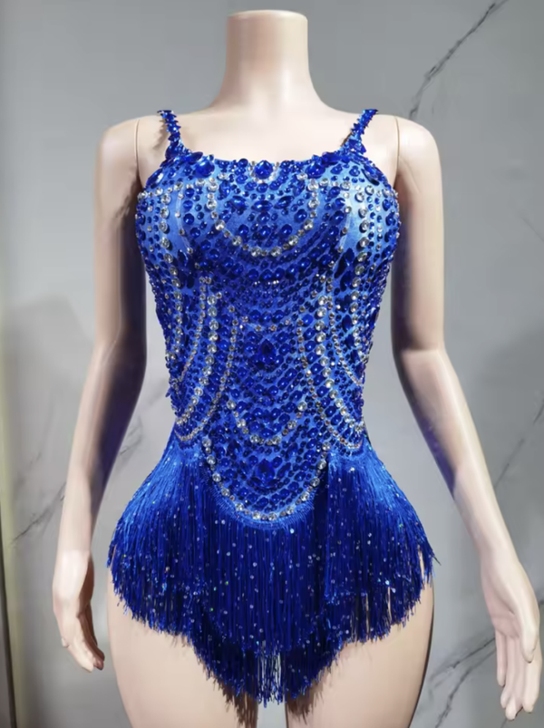 Deep Blue Sparkle Fringe Latin Dance Dress