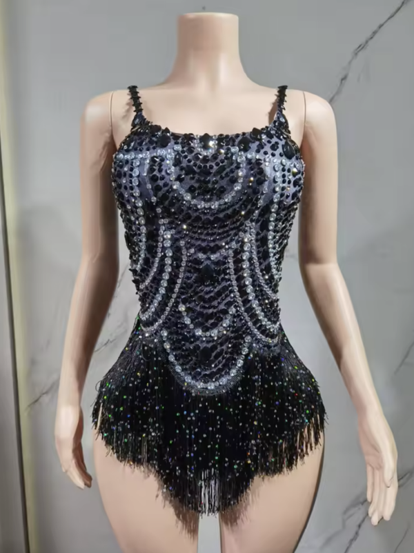Black Sparkle Fringe Latin Dance Dress