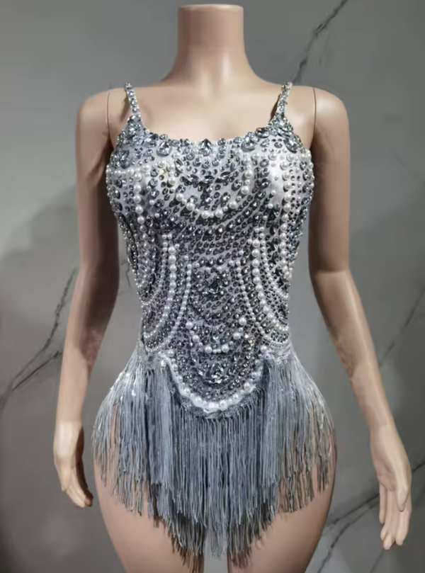 White Sparkle Fringe Latin Dance Dress