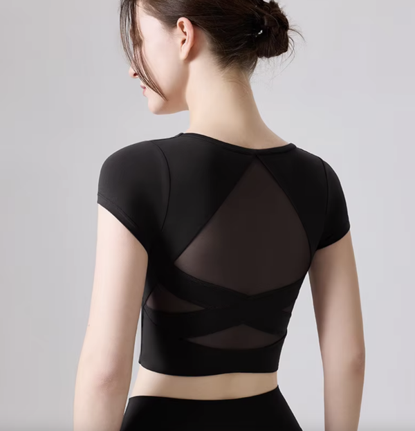 Black Performance Short Sleeve Dance & Yoga Top