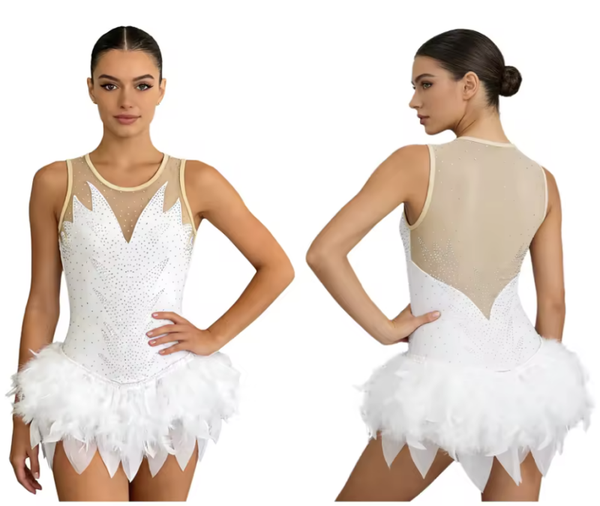 White Feathered Elegance Rhinestone Performance Leotard (Copy)