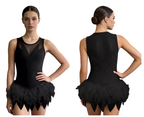 Black Feathered Elegance Rhinestone Performance Leotard