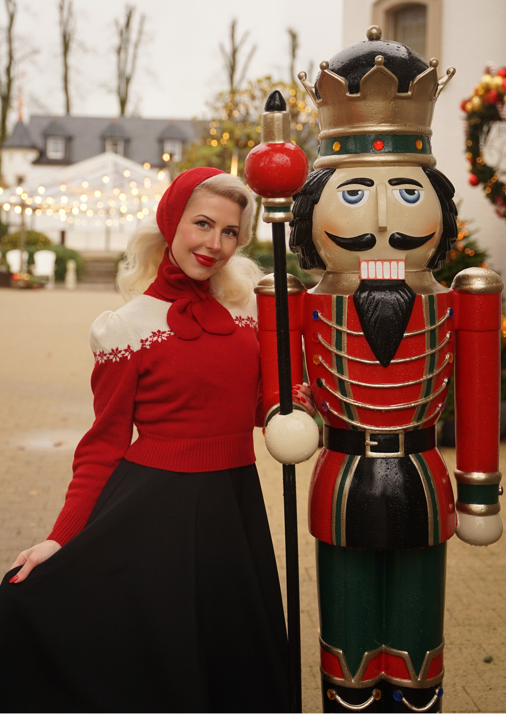 Knitted Sweater "Mistletoe" 1930s Vintage Inspired Christmas design in Red with snowflakes