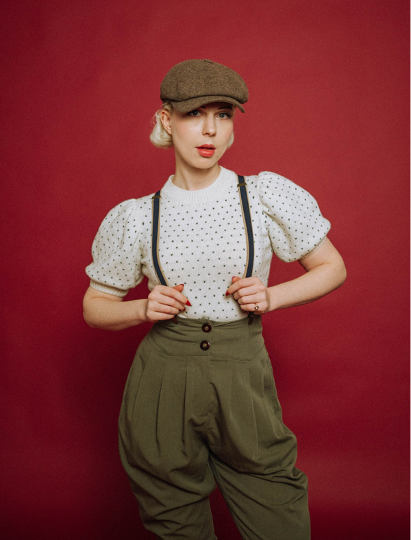 Knitted top ''Gardenia'' in Milk and Green l 1930s Vintage Style Based Design