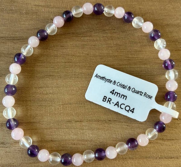 Bracelet Amethyste, Cristal de roche , quartz roche grade A 4mm
