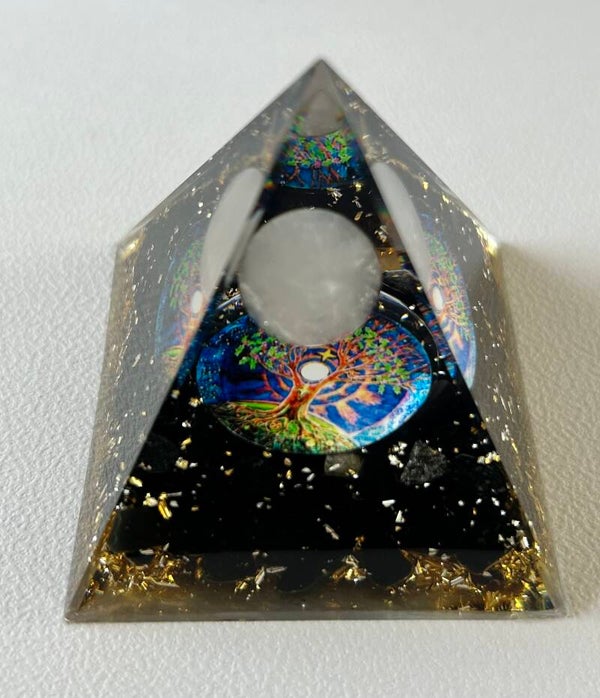 Orgonite pyramide Quartz rose et Obsidienne noire arbre de vie 6cm