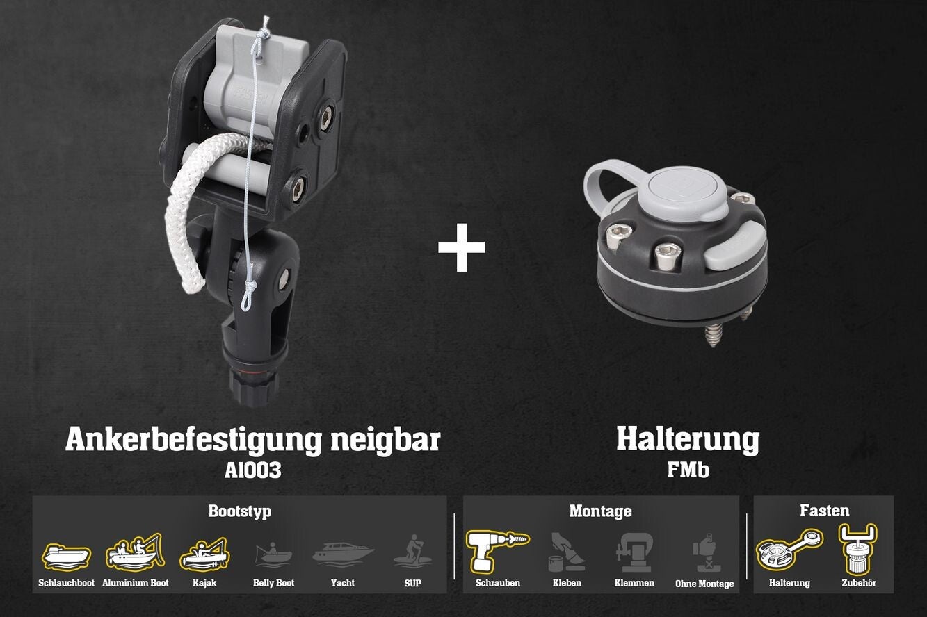 Fasten Set: Fasten Ankerbefestigung + Halterung [Runde Basis] für Holz, Alu & Gfk neig.
