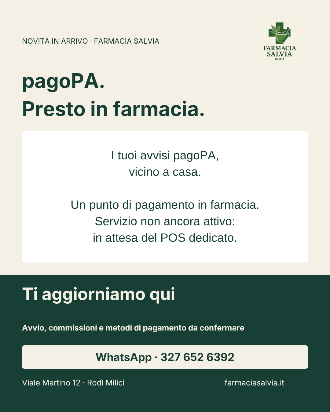 pagoPA vicino a casa: servizio in arrivo presso Farmacia Salvia, non ancora attivo.