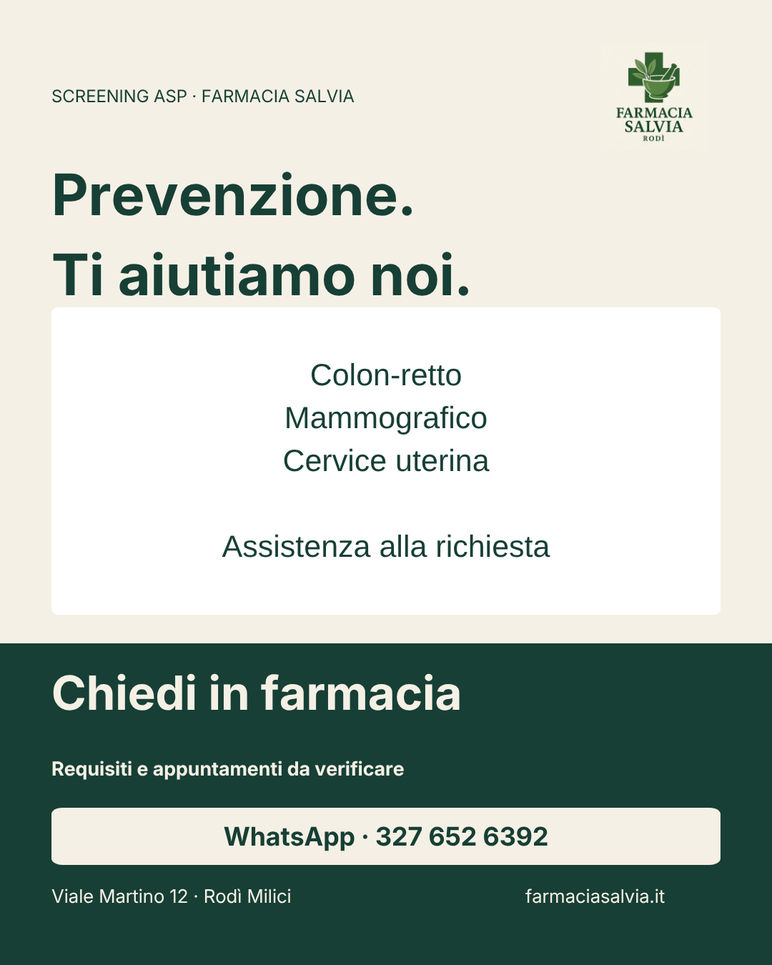Screening ASP: assistenza per colon-retto, mammografico e cervice uterina alla Farmacia Salvia. Requisiti e appuntamenti da verificare.