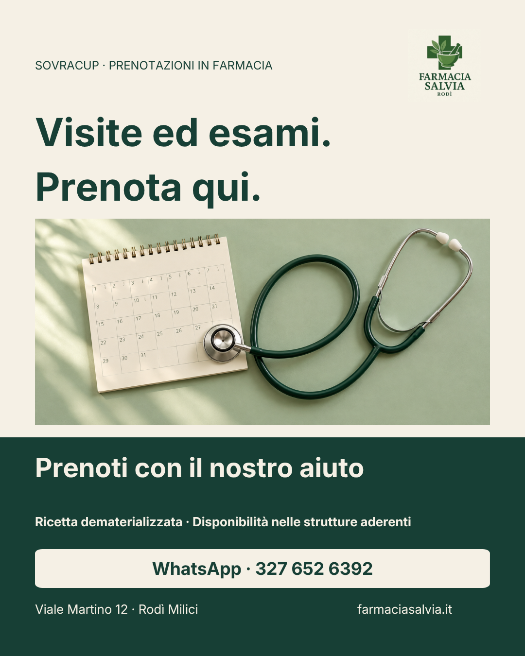 SovraCUP alla Farmacia Salvia di Rodì Milici. Ti aiutiamo a prenotare visite ed esami. Porta la ricetta. WhatsApp 327 652 6392.