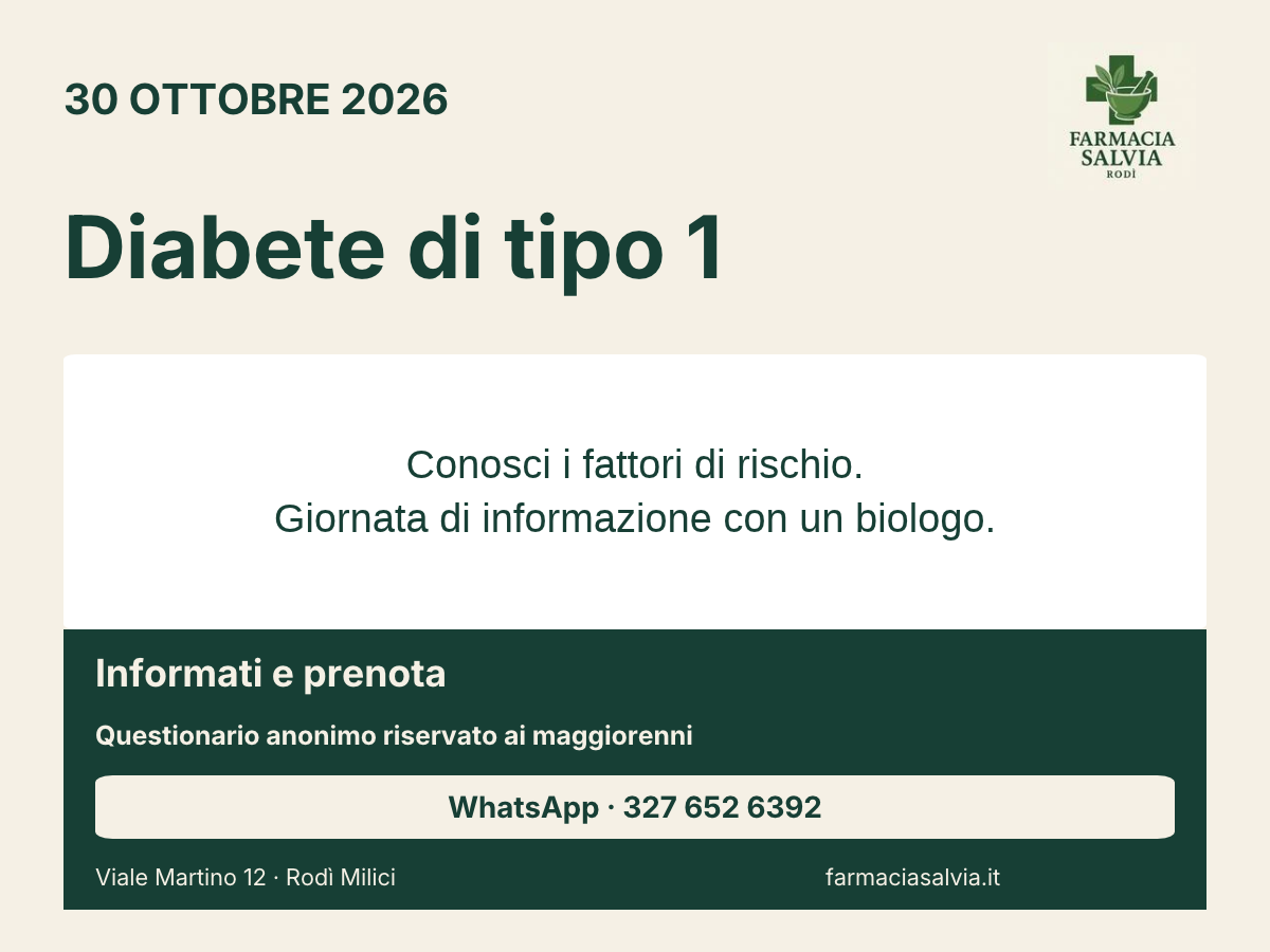 Campagna Farmacia Salvia sul diabete di tipo 1: incontro con un biologo il 30 ottobre 2026