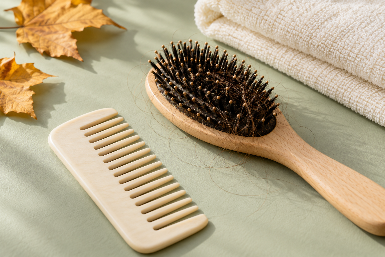 Spazzola, pettine e foglie autunnali: immagine illustrativa per la cura delicata dei capelli