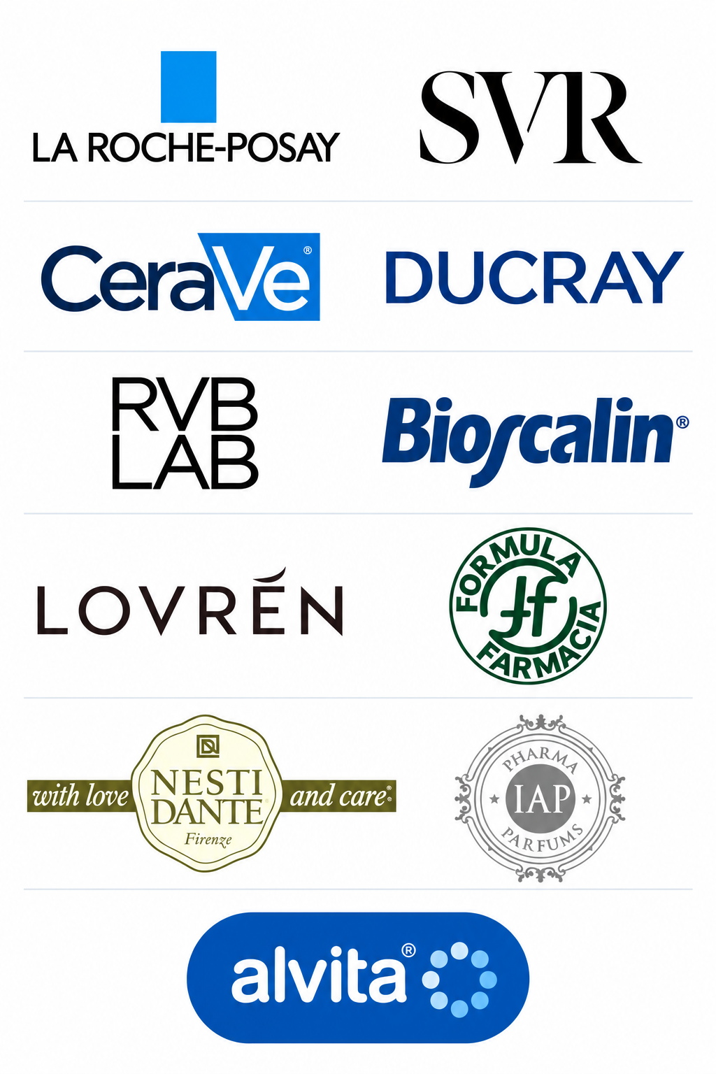 Marchi disponibili in farmacia: La Roche-Posay, SVR, CeraVe, Ducray, RVB LAB, Bioscalin, Lovrén, Formula Farmacia, Nesti Dante, IAP Pharma e Alvita