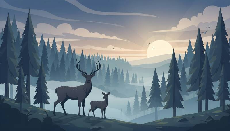 Illustratie: een hert en zijn jong poseren in een vallei