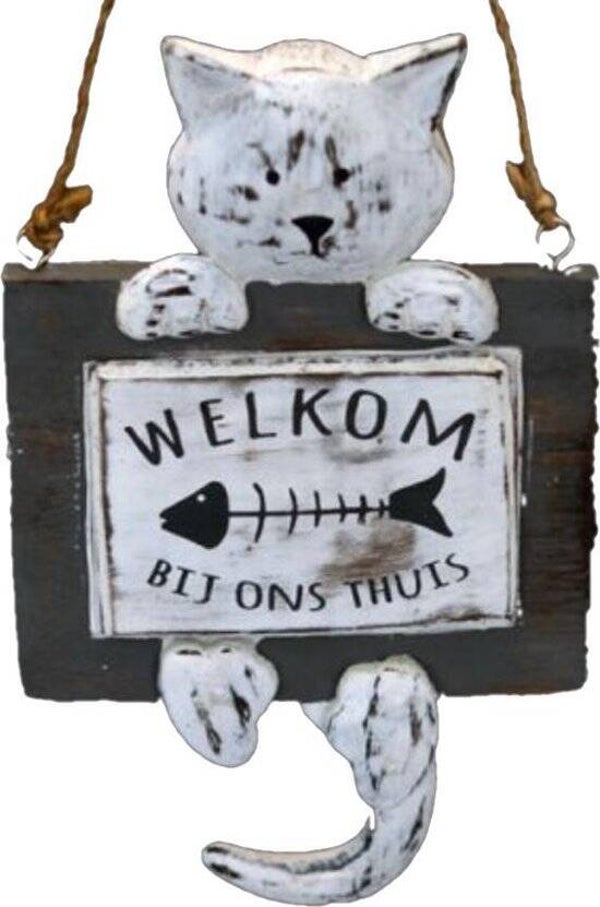 Welkom kat - bordje met haak woodart