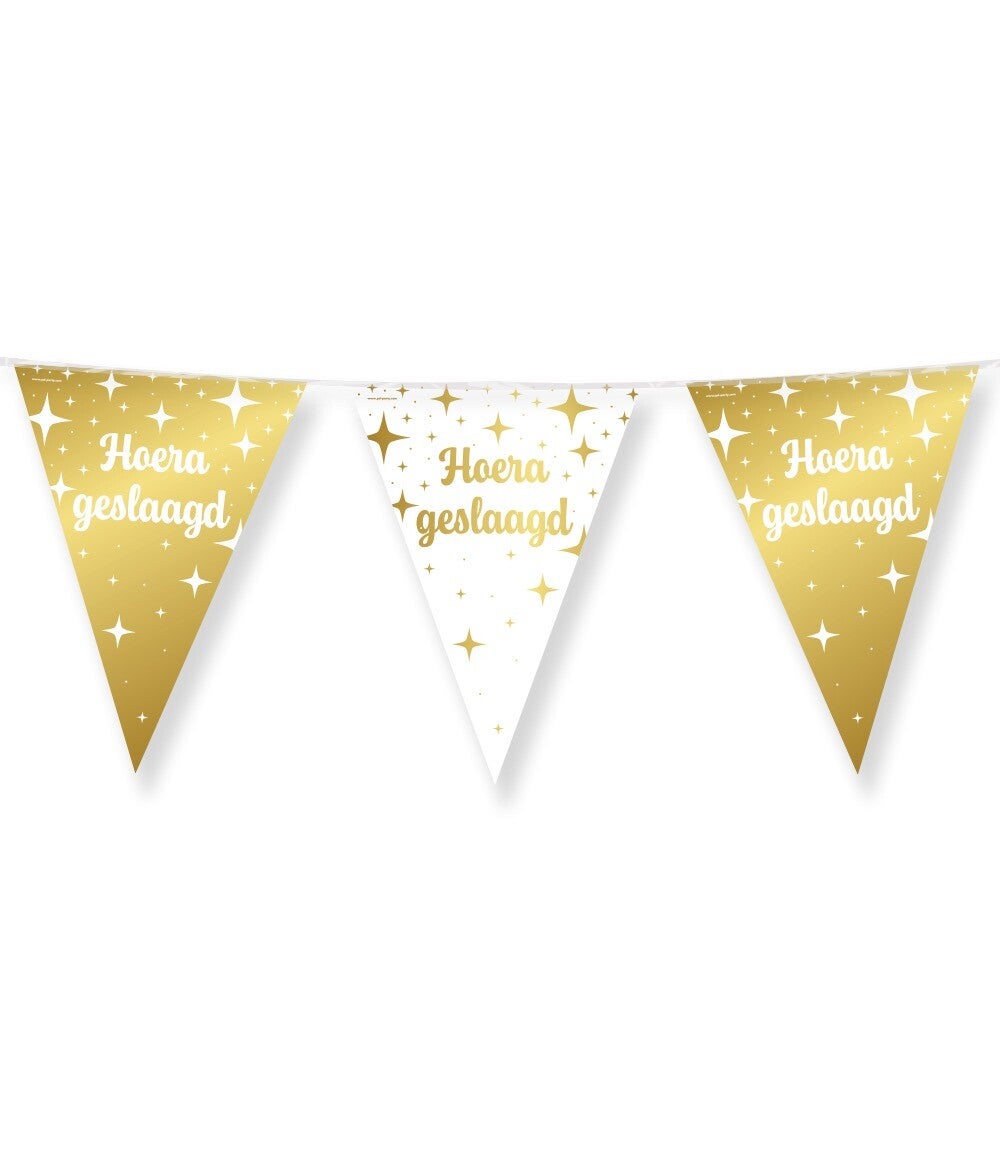 Geslaagd - Fancy party flags - vlaggenlijn goud / wit