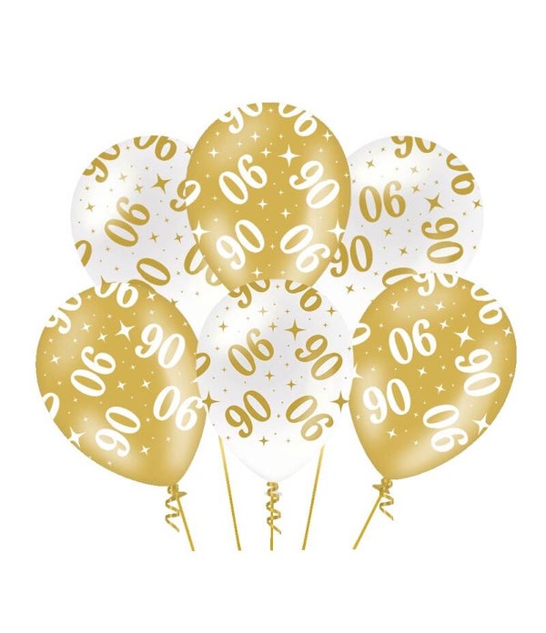 90 Jaar - Fancy party ballonnen goud/wit metallic