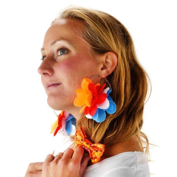 Oorbellen bloem - oranje rood  wit blauw