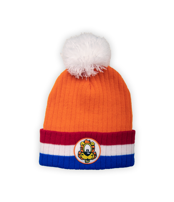 Gebreide  muts Loeki de Leeuw - oranje / rood / wit / blauw