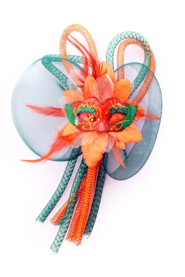 Broche vierdaagse - bloem tubes en oogmasker oranje / groen
