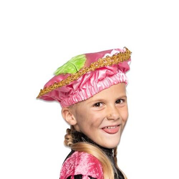 Pietbaret satijn met veer - roze