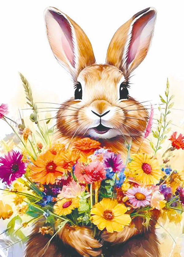 Konijn met bloemen - wenskaart mooz