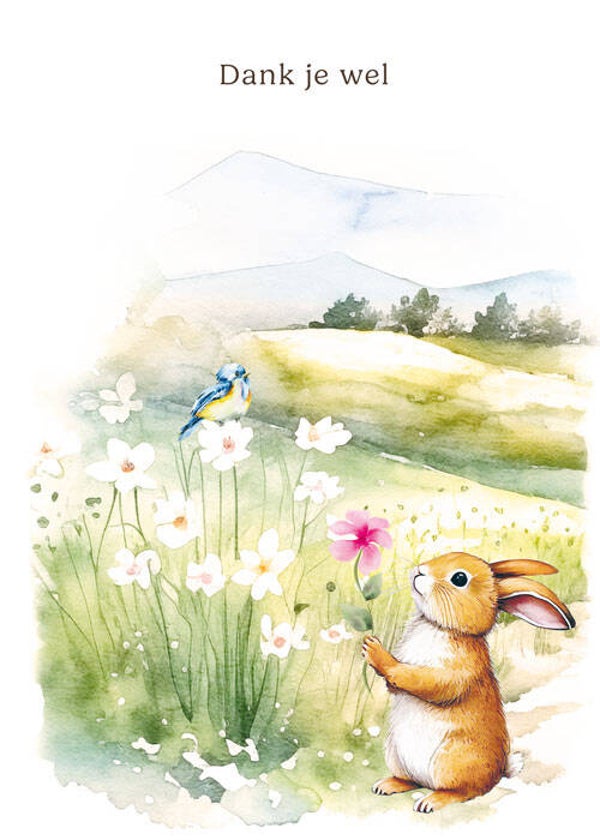 Dank je wel konijn met mees - wenskaart mooz