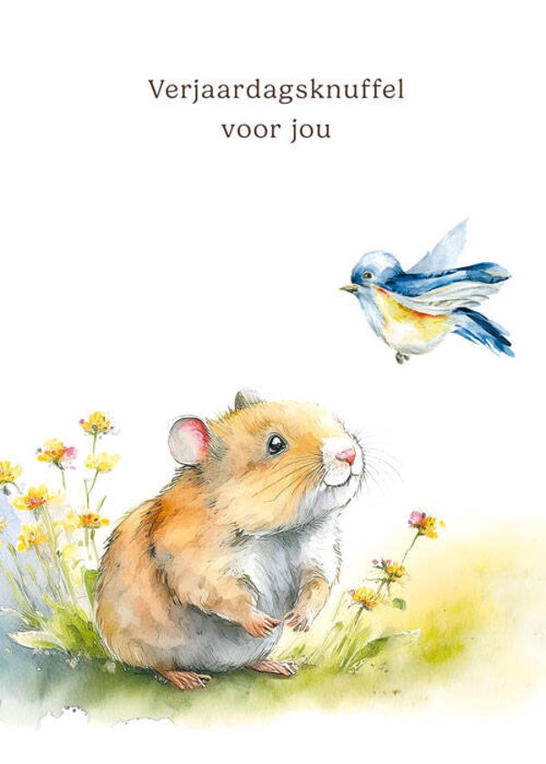 Verjaardagsknuffel hamster met vogel - wenskaart mooz