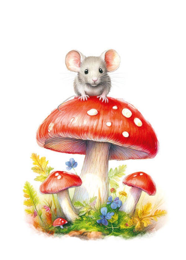 Muis op paddenstoel - wenskaart mooz