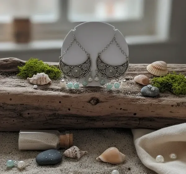 Boucles d’oreilles "Lune d'orient " argenté et perles d'eau