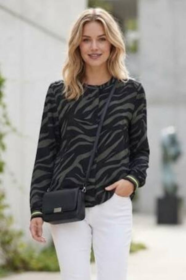 Street One Bluse langarm khaki/schwarz mit Muster Gr. S (36)