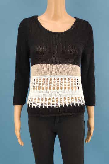 Oui - Pullover 3/4 Arm schwarz/weiß/beige Gr. M (38)