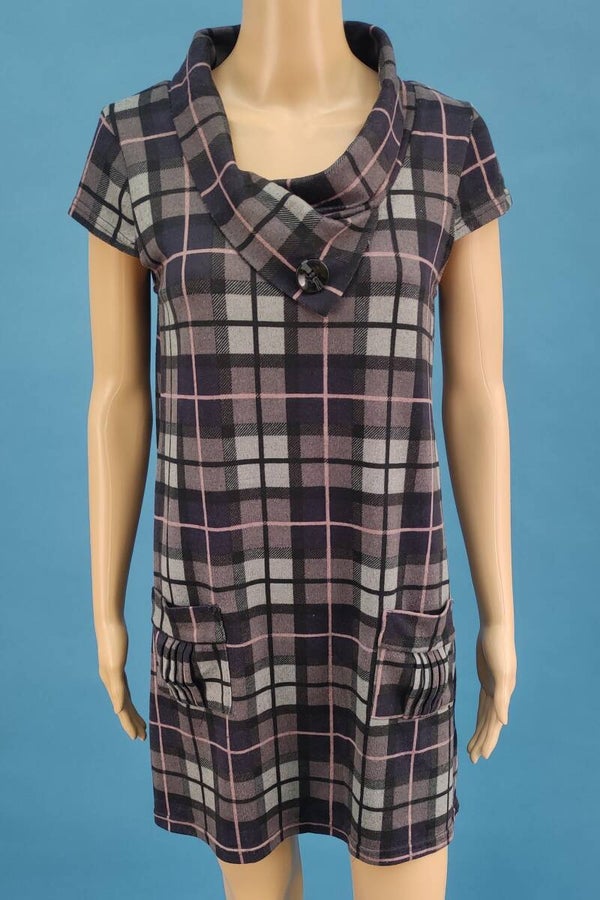 Apricot Kleid kurzarm kariert mit Kragen lila/grau/schwarz Gr. M (38)