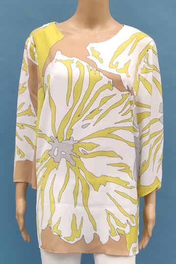 Amy Vermont Satinbluse 3/4 Arm weiß/gelb/braun Gr. XXL (44) NEU