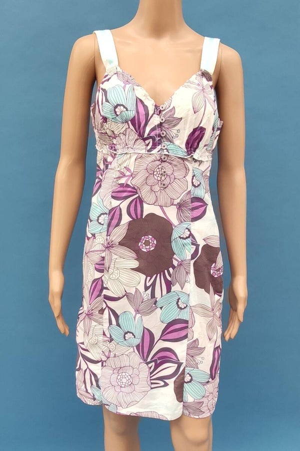 Esprit Kleid ärmellos weiß/lila/hellblau/braun mit Blumen Gr. M (38)