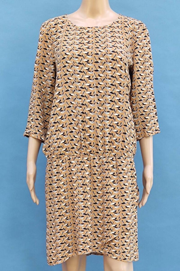 Promod Kleid 3/4 Arm beige mit Vögelmotiv Gr. L (40)