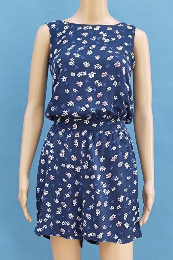Mango Jumpsuit kurz und ärmellos dunkelblau mit Blümchen Gr. L (40)