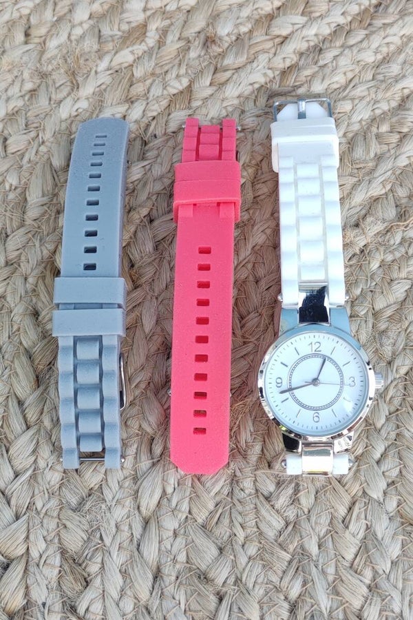 LDADPP 3 in 1 Armbanduhr silber mit Gummiband weiß, grau und pink NEU