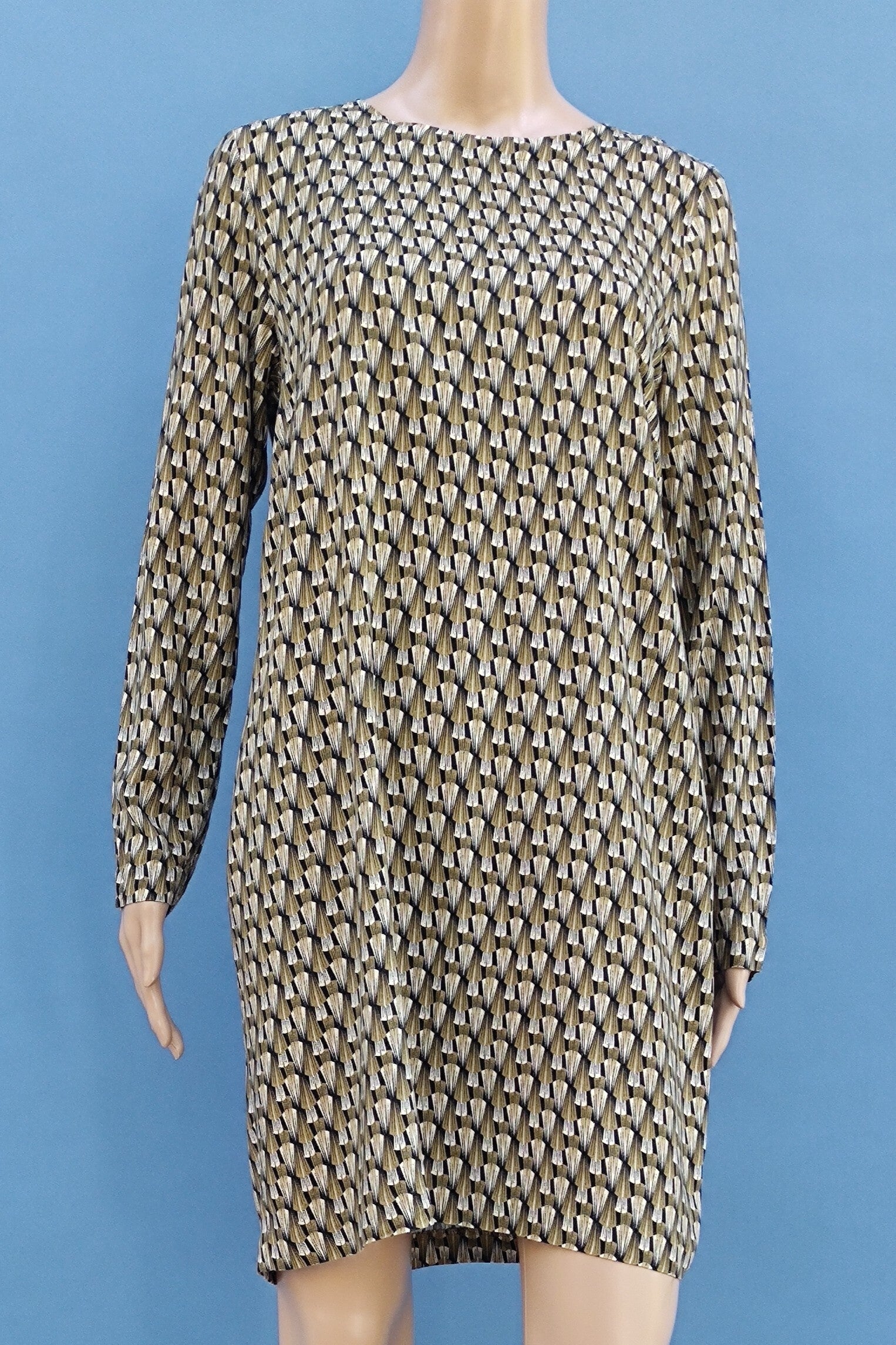 Blusenkleid langarm kaki mit Muster Gr. M (38)