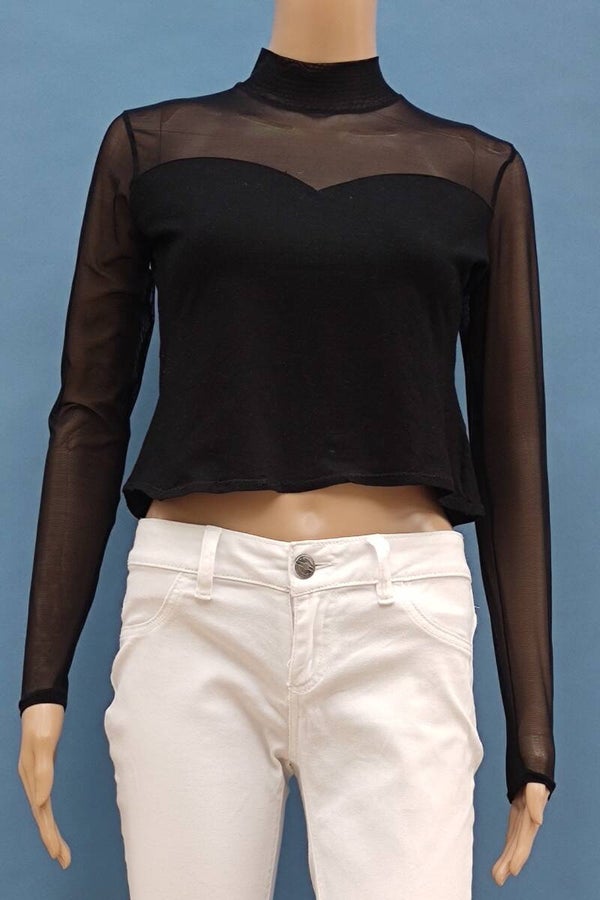 bauchfreies Langarmshirt mit Netzstoff schwarz Gr. S (36)