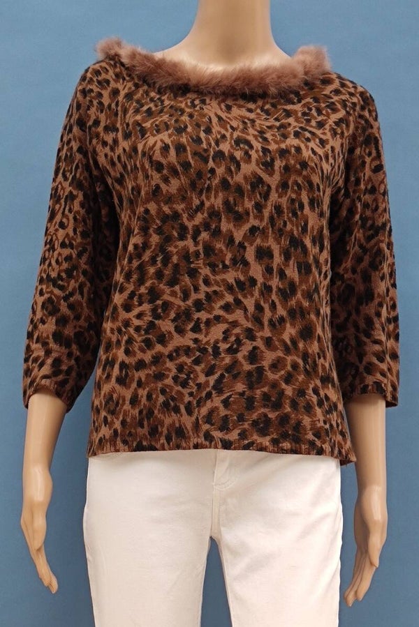 Pool by Stottrop Wollpullover 3/4 Arm braun Leopardenmuster Gr. S (36)