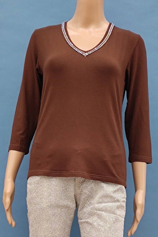 Yorn Shirt 3/4 Arm V-Ausschnitt mit Strasssteine braun Gr. S (36)