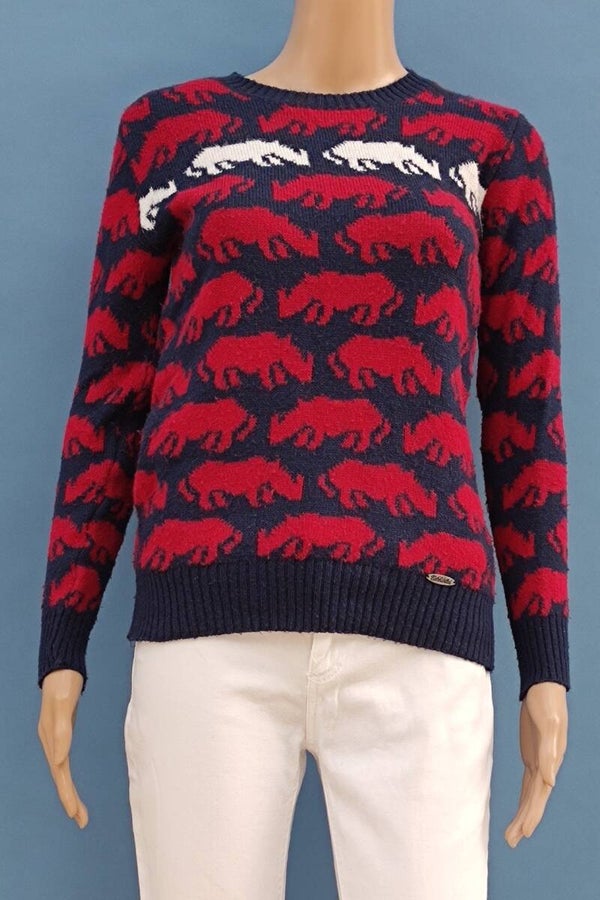 Ecko Unltd Strickpullover dunkelblau/rot/weiß mit Nashörner Gr. XS (34)