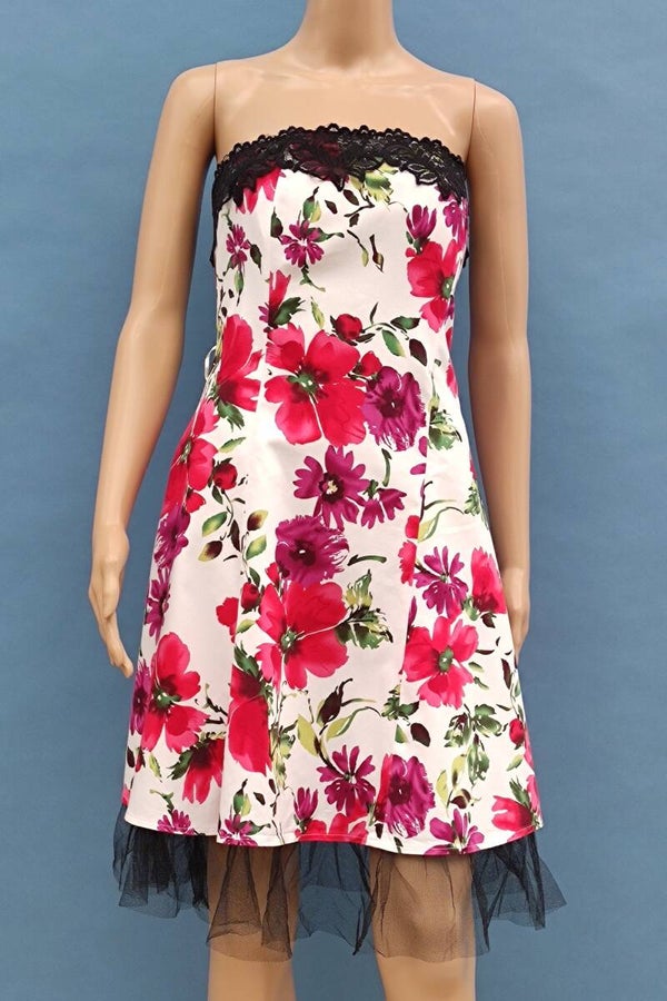 A-Linie Kleid ärmellos weiß/bunt mit Blumen und Spitze Gr. M (38)