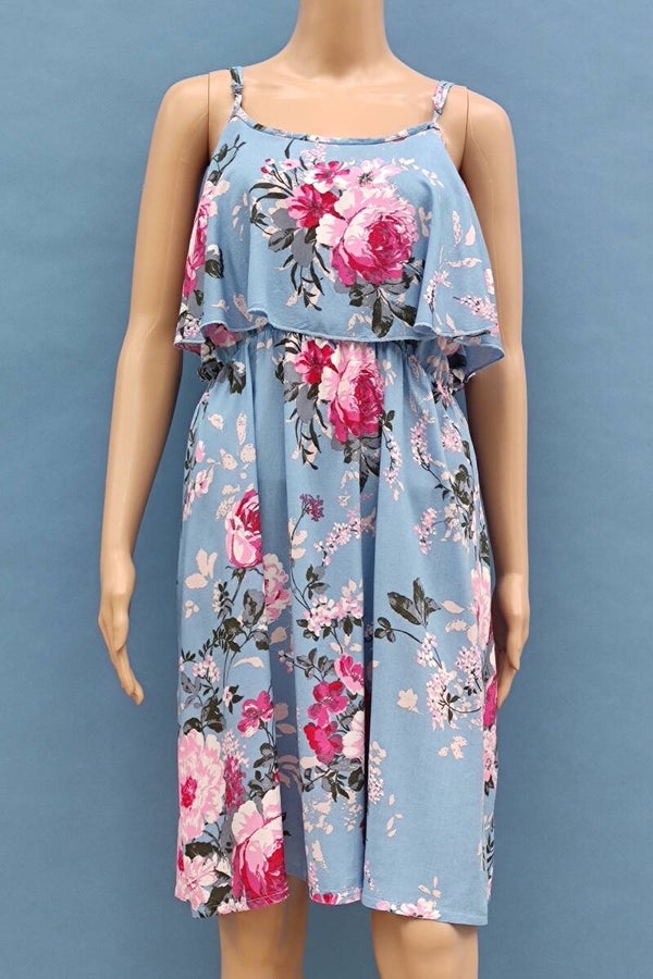 J. Stars Kleid ärmellos hellbalu mit Blumen Gr. L (40)