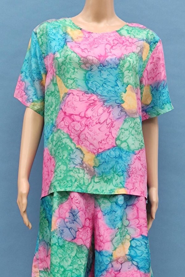 Ester vintage Seidenbluse kurzarm bunt Gr. XL (42)