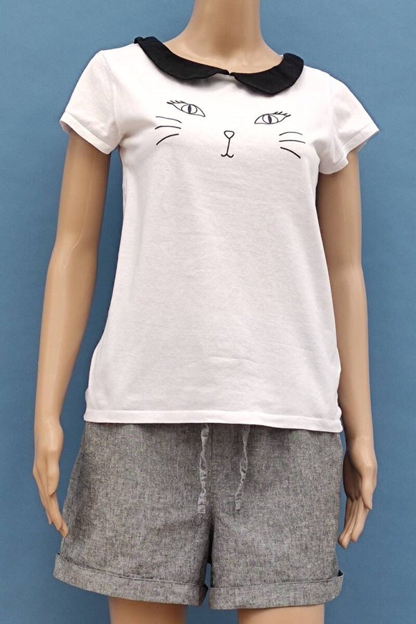 Sinsay T-Shirt weiß mit Katzengesicht Gr. S (36)