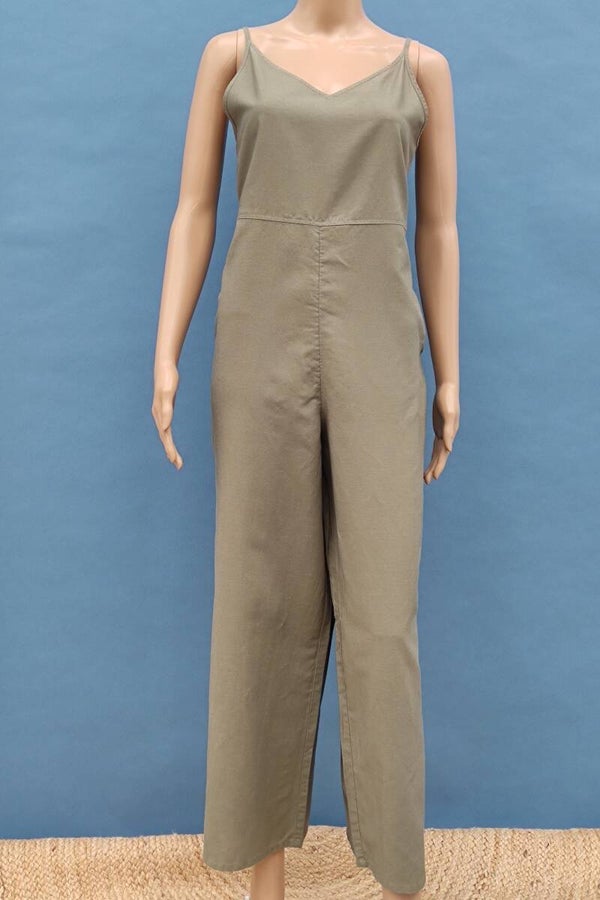Uniqlo Leinen Jumpsuit ärmellos weites Bein khaki Gr. M (38)