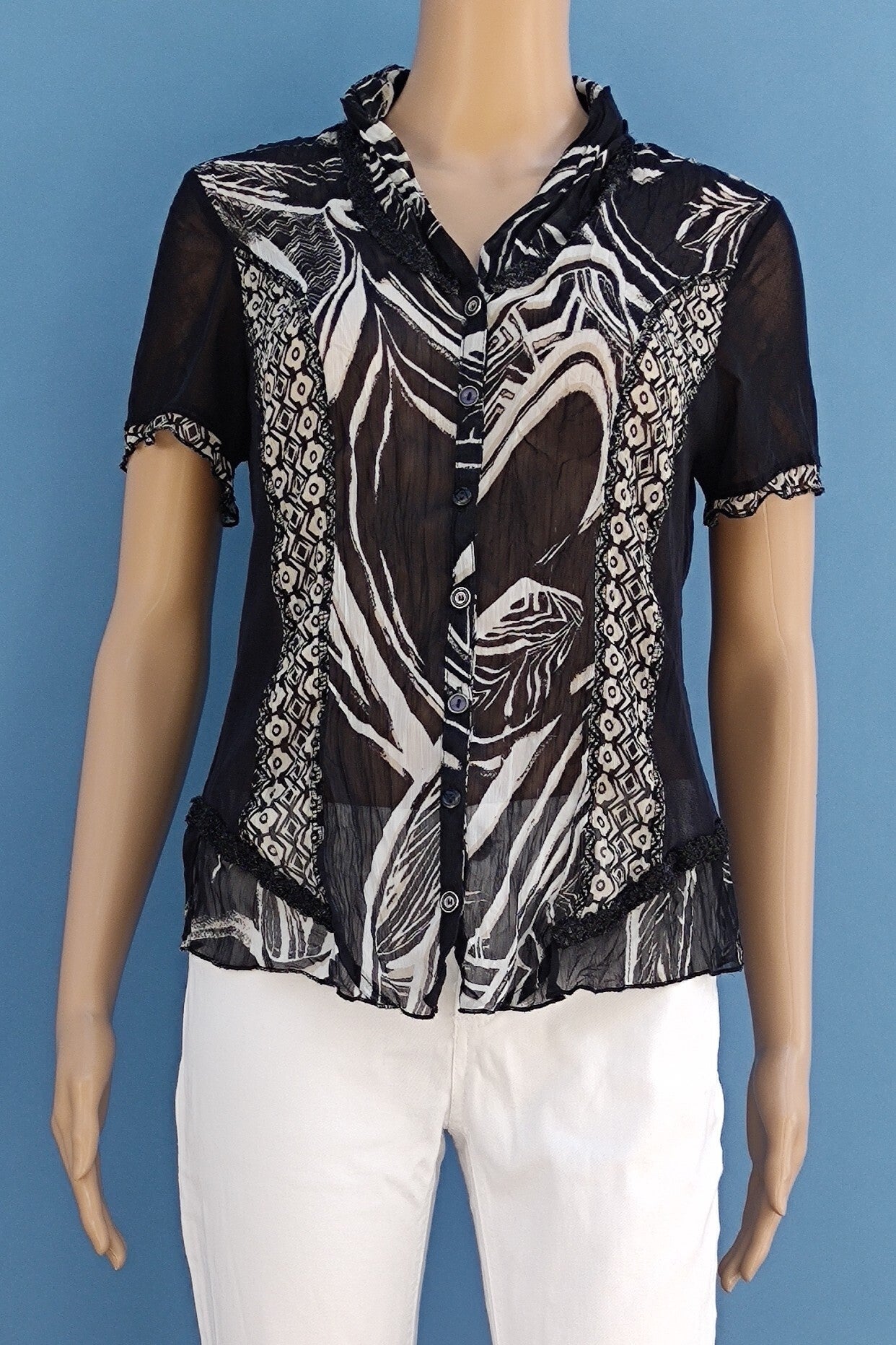 Biba Bluse kurzarm schwarz/weiß mit Muster Gr. S (36)